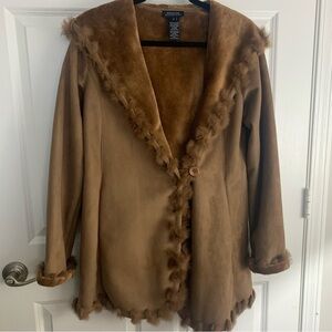 Jones New York Signature Sz Small Hooded Jacket with Fur Trim Brown